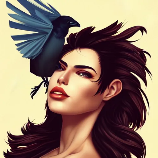 Image similar to a stunning upper body portrait of a beautiful woman with raven hair blowing in the wind by marvel comics, digital art, trending on artstation