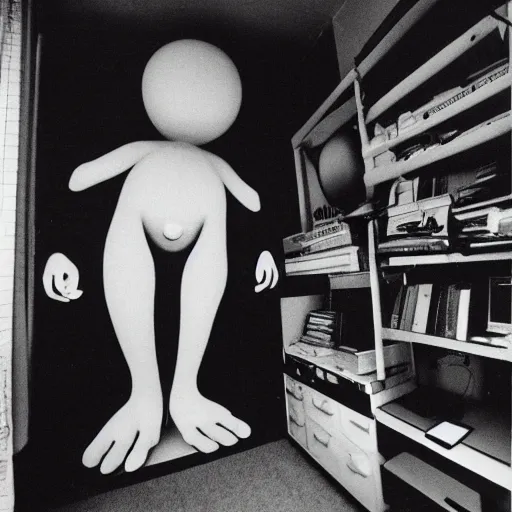 Image similar to disposable camera photos of a very large homunculus being grown on the desk in a bedroom, taken in 1990