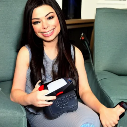 Prompt: miranda cosgrove holding a playstation 5 video game controller