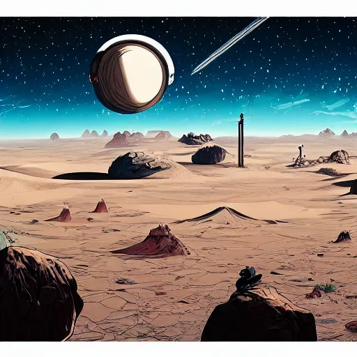 Prompt: very detailed, ilya kuvshinov, mcbess, rutkowski, illustration of a colossal space station orbiting a desert planet