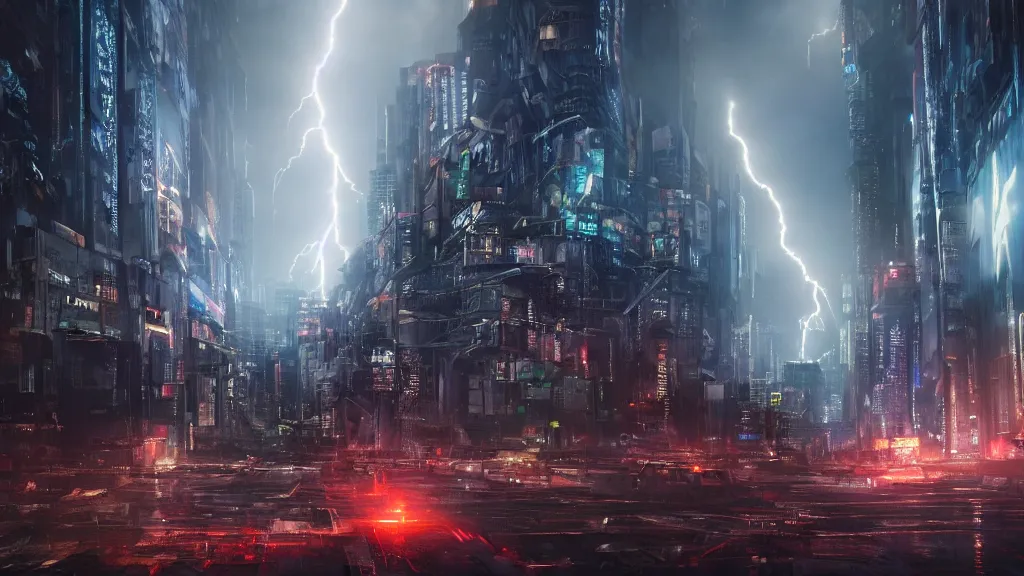 Prompt: a huge lightning strike destroying a dystopian city, cyberpunk, sharp focus, dynamic lights, still, photograph, hyper realistic, masterpiece, octane render, rendered, 3 d, cinematic, cinematic lighting, dramatic lighting, highly detailed, intricate details, texture, cinematic composition, wide shot, by donglu yu and kevin jick and eddie del rio