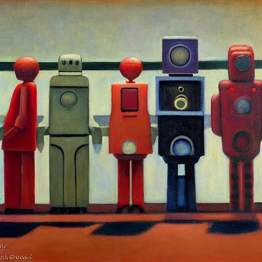 Prompt: robots queue up for cupcakes, grant wood, pj crook, edward hopper, oil on canvas