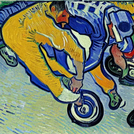 Image similar to pit lane accident. painted by van gogh. bright colors . extreme heat