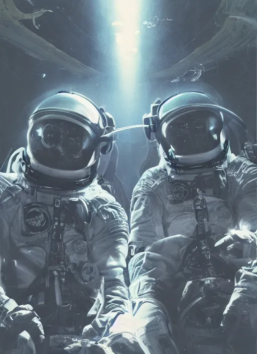 Prompt: astronauts in dark and empty void underwater poster - complex and hyperdetailed technical suit. go pro selfie. reflection and dispersion materials. rays and dispersion of light. volumetric light. 5 0 mm, f / 3 2. noise film photo. flash photography. ultra realistic. poster by wayne barlowe, hajime sorayama aaron horkey, craig mullins