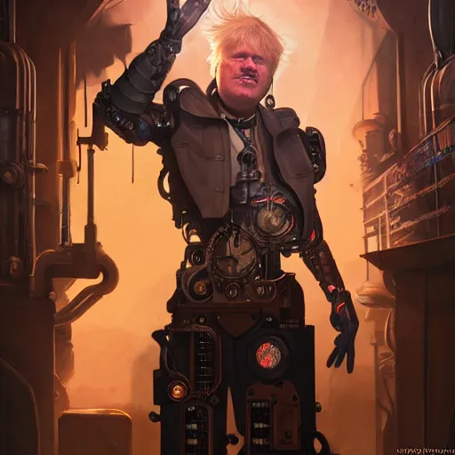 Image similar to cyborg steampunk boris johnson in a nightclub, anatomy, bathed in light, highly detailed, photorealistic, artstation, smooth, sharp focus, illustration, unreal engine 5, 8 k, art by artgerm and greg rutkowski and edgar maxence