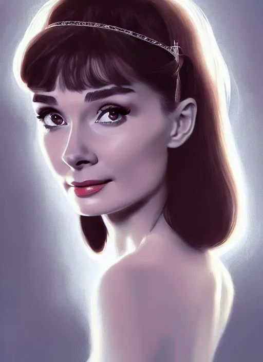 Prompt: portrait of audrey hepburn with bangs, 1 9 6 0 s, long hair, white hairband, bangs, intricate, elegant, glowing lights, highly detailed, digital painting, artstation, concept art, smooth, sharp focus, illustration, art by wlop, mars ravelo and greg rutkowski