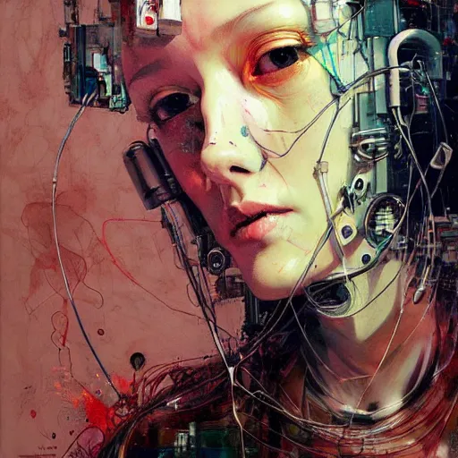 Prompt: young woman cyberpunk having her dreams stolen, wires cybernetic implants, in the style of adrian ghenie, esao andrews, jenny saville,, surrealism, dark art by james jean, takato yamamoto