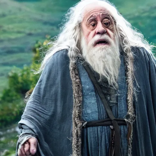 Image similar to movie still of danny devito starring as gandalf the white in the 2 0 2 4 lord of the rings movie, full body, hyper realistic, high quality