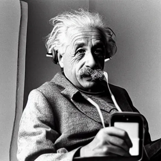 Prompt: albert einstein playing with a smartphone and wearing headphones