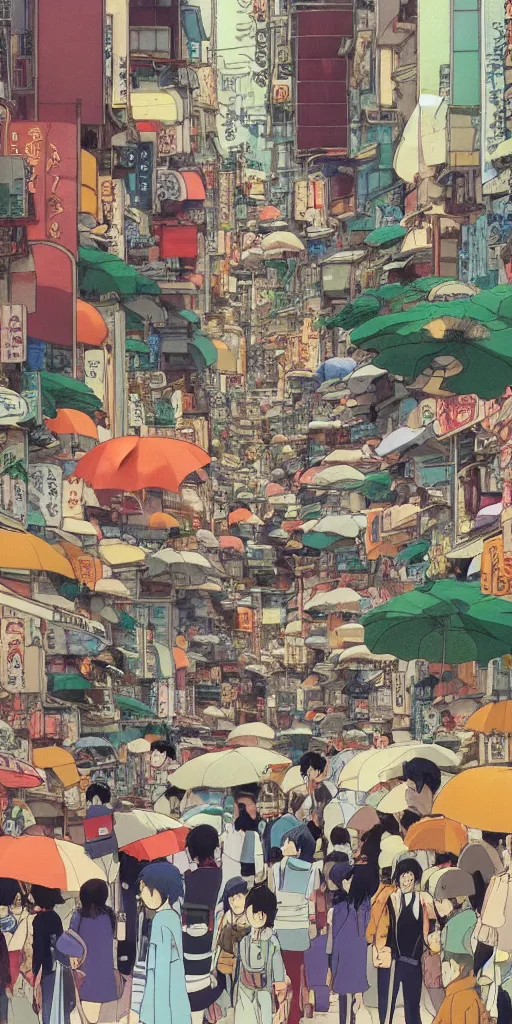 Image similar to Still from Studio Ghibli movie 'Lost in Crowded Tokyo', very detailed, focused, colorful, Antoine Pierre Mongin