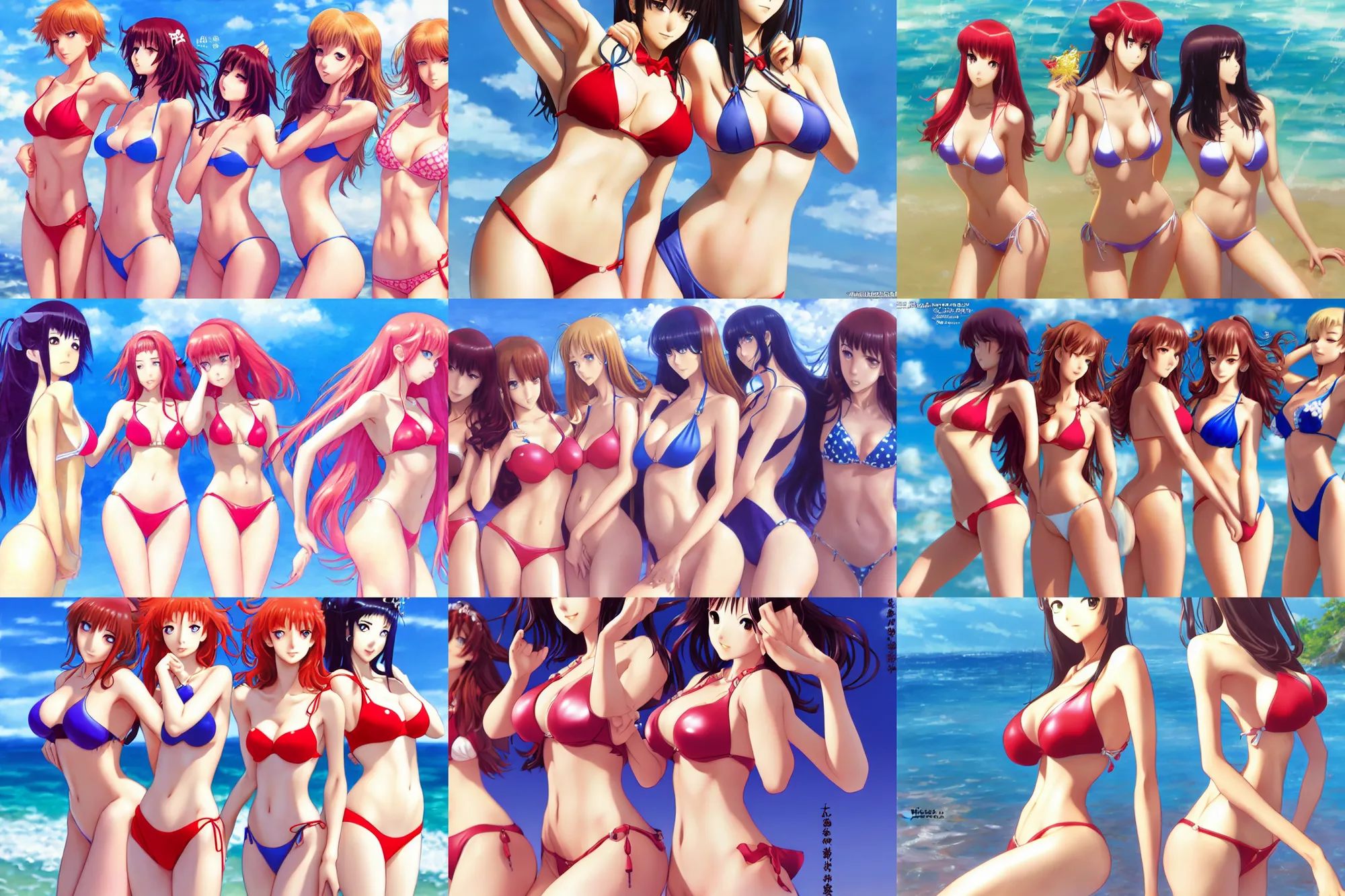 Image similar to close - up princesses posing together in bikini. by takashi takeuchi, yoshiyuki sadamoto, amagaitaro, makoto shinkai, krenz cushart, asao urata, pixiv