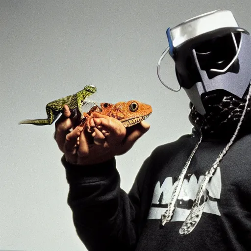 Prompt: MF doom looking shockingly at a lizard on his shoulder