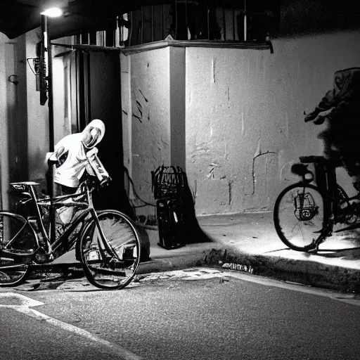 Prompt: a security cam picture of jesus stealing a bike in the middle of the night in an alley