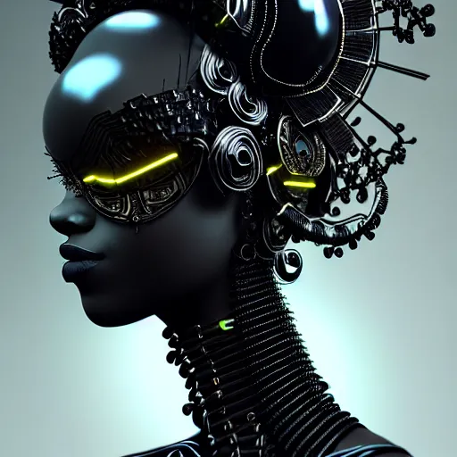 Image similar to portrait of an absurdly beautiful, graceful, sophisticated, fashionable black cyberpunk mechanoid gravure idol, hyperdetailed illustration by irakli nadar, maria borges, matt wisniewski style, intricate linework, dark black skin, neon jellyfish headdress, ivory carved ruff, unreal engine 5 highly rendered, global illumination, radiant light, detailed and intricate environment