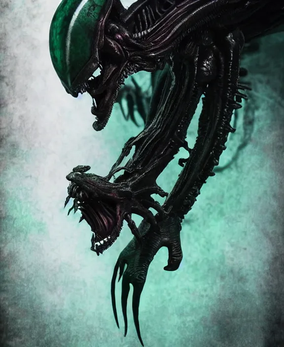 Image similar to xenomorph queen goth model skull eyes hybrid, dragon eggs, dark emerald mist colors, giger background liminal void, cinematic lighting, realistic, award winning photograph, various refining methods, micro macro autofocus