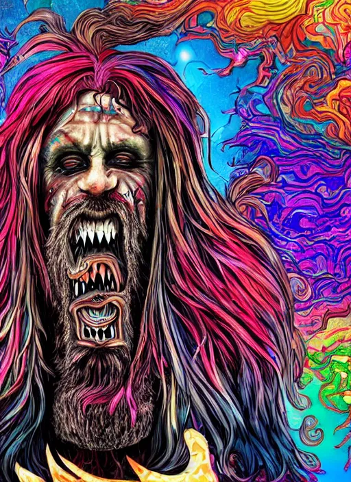 Image similar to a crazy man with long multi colored hair and a pointy beard smiling and making strange gestures as his face melts and inside his face are various psychedelic rebel monsters, psychedelic surreal cosmic bizarre horror