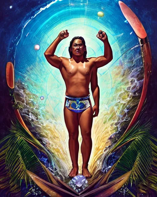 Prompt: duke kahanamoku as a hawaiian warrior emerging from a surrounded intergalactic planets connected by streams of multiversal flow, sigma male, gigachad, lush garden, diamond head backdrop, visually stunning, luxurious, by wlop, james jean, jakub rebelka, tran nguyen, peter mohrbacher, yoann lossel