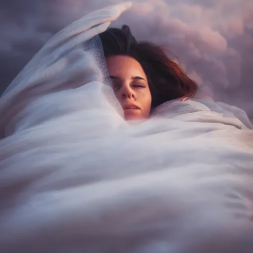 Prompt: highly detailed portrait of beautiful woman covered in white wet blanket sleeping in the clouds during sunset