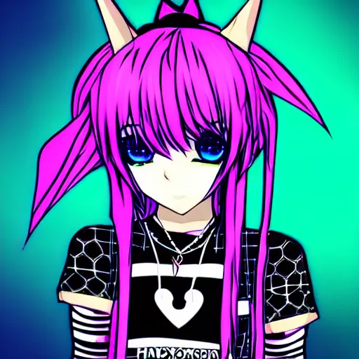 Image similar to maximalist emo anime girl, cybergoth, rainbowcore, vhs monster high, glitchcore witchcore, checkered spiked hair, pixiv