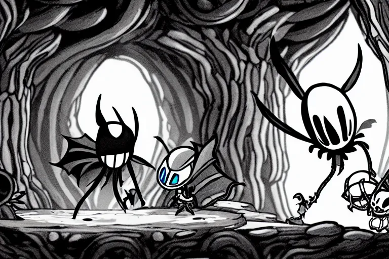 Prompt: hollow knight in a cave, game, intricated, ink line, art direction.