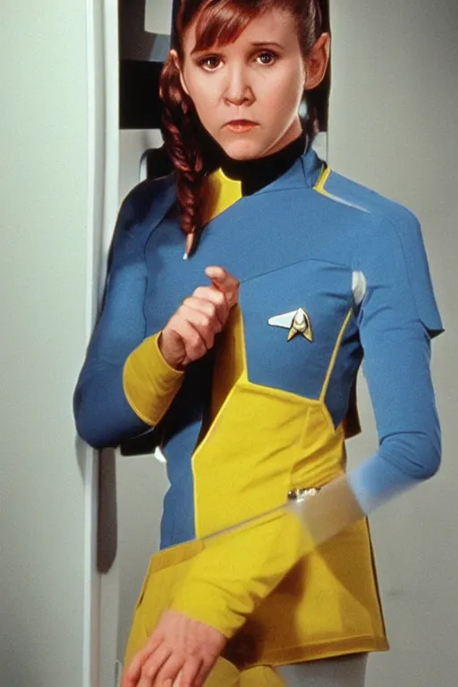 Image similar to photorealistic!! young adult carrie fisher as a star trek captain, yellow starfleet uniform, film quality