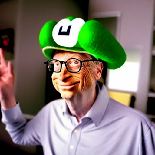 Image similar to uhd candid photo of hyperdetailed bill gates dressed as luigi. correct face, cinematic lighting, photo by annie leibowitz, and steve mccurry.