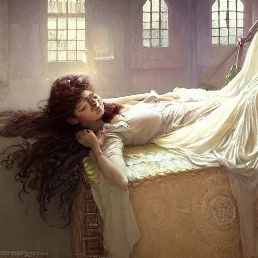 Image similar to portrait of girl in linen clothing falling from the room ceiling into a bed, fantasy character portrait, ultra realistic, concept art, intricate details, highly detailed by greg rutkowski, gaston bussiere, craig mullins, in style of alphonso mucha