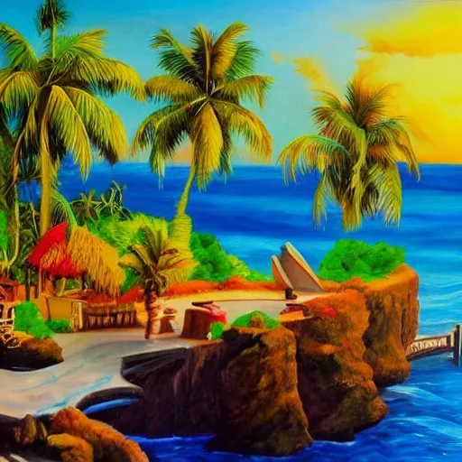 Prompt: photo of paradise Island frontpage paper magazine oil painting