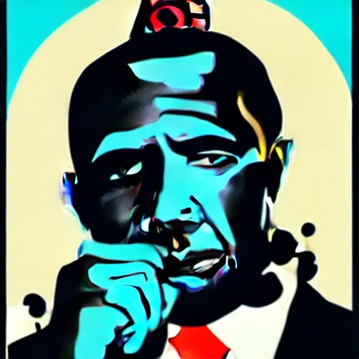 Image similar to Obama, graphic illustration by Jamie Hewlett, bold colors