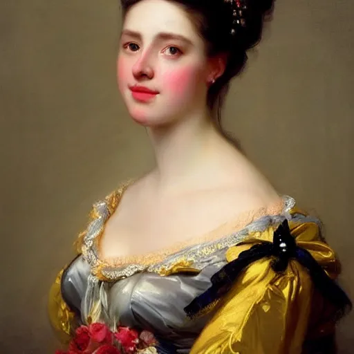 Image similar to an beautiful portrait render of a Queen by Franz Xaver Winterhalter, vivid, trending on artstation, Pinterest, beautiful face, highly detailed, fancy, Romanticism, Rococo