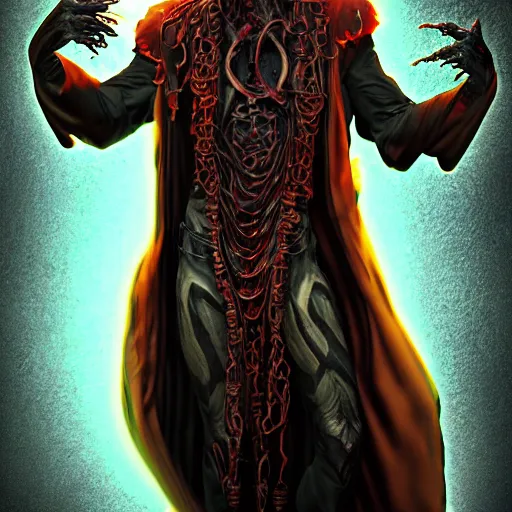 Prompt: A necromancer pulsing with necrotic energy, art by Brian Bolland, power auras, sigils, tattered cloth robes, substance 3d painter, PBR textures, Physical based rendering, cinematic, hyper realism, high detail, octane render, unreal engine, 8k, Vibrant colors, Smooth gradients, High contrast, depth of field, aperture f2.8