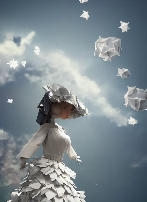 Image similar to background edge of space with puffy clouds are dusk, anthropomorphic paper woman wrapped in a flowing couture tissue paper, paper chrysanthemums, many origami stars, eery light, 3 d, very detailed, octane render, trending artstation, trending cgisociety, artgem