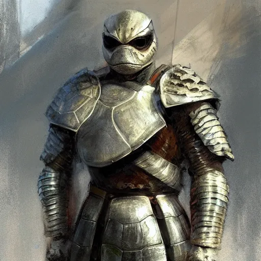 Prompt: portrait of a turtle as a mighty warrior wearing silver armor, holding sword, by craig mullins, jeremy mann.