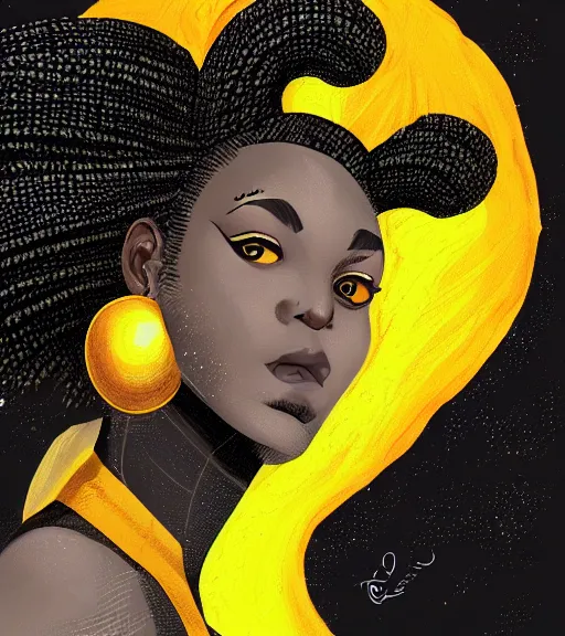 Image similar to a digital painting of a black woman with futuristic hair, side portrait, yellow highlights, a comic book panel by Craig Thompson, behance contest winner, afrofuturism, marvel comics, official art, artstation hq