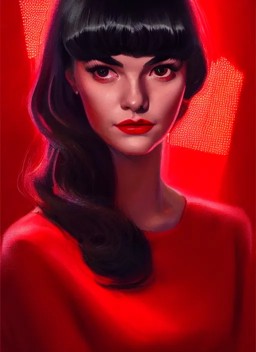 Image similar to portrait of veronica lodge with bangs, 1 9 6 0 s, long hair, red clothes, bangs, intricate, elegant, glowing lights, highly detailed, digital painting, artstation, concept art, smooth, sharp focus, illustration, art by wlop, mars ravelo and greg rutkowski