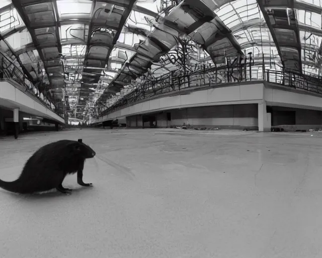 Image similar to camera footage of a giant Android Rat in an abandoned shopping mall, high exposure, dark, monochrome, camera, grainy, CCTV, security camera footage, timestamp, zoomed in, fish-eye lense, Rat,