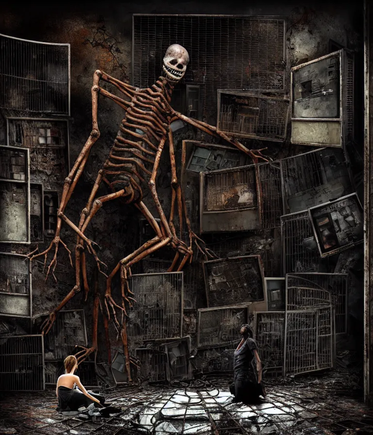 Image similar to Creepy huge suffering humanoid with long limbs sits on the floor and looks at the little old TV. An underground very dark gloomy multi-layered structure of rusty thick iron grates, dense chain-link fencing and peeling walls. Inside view, collapsed floors, bent rusted iron, masterpiece, black background, corners, cinematic, hyperdetailed, photorealistic, hyperrealism, octane render, 8k, depth of field, bokeh, architecture, shadows, art by Zdzisław Beksiński, Dariusz Zawadzki