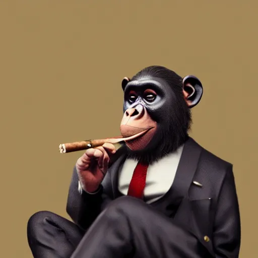 Image similar to a high detail photo of an antropomorphic chimp wearing a suit smoking a cigarrette, subject= chimp, subject detail: wearing a suit, subject action: smoking a cigar, photorealism, dramatic lighting, award winning photograph, trending on artstation