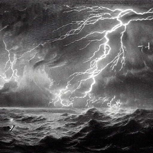 Image similar to drawing close up of large pepe the frog fighting lightning storm above a stormy ocean, by gustave dore, nineteenth century, black and white, vintage, science fiction, epic composition, dramatic lighting, highly detailed.