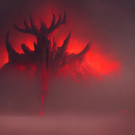 Image similar to Landscape Painting of a mysterious gigantic creature standing in thick red fog, glowing yellow eyes staring through the mist, blood dripping, horror, creepy, unsettling, artstation, cgsociety, masterpiece,