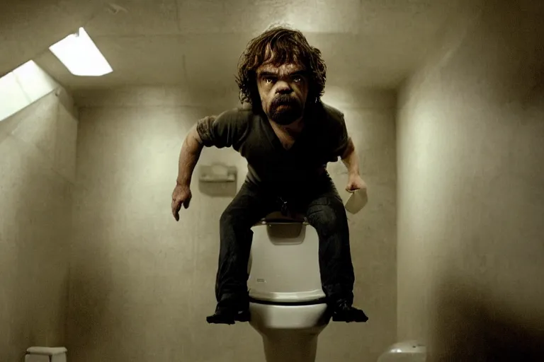 Image similar to peter dinklage climbing out of a toilet, movie still, from the new toxic avenger movie, 8 k, realistic