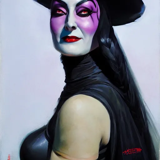 Image similar to greg manchess portrait painting of partially armored morticia from addams family as overwatch character, medium shot, asymmetrical, profile picture, organic painting, sunny day, matte painting, bold shapes, hard edges, street art, trending on artstation, by huang guangjian and gil elvgren and brom