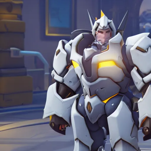 Prompt: in-game screenshot of Reinhardt from Overwatch wearing a suit of armor made from marshmallows