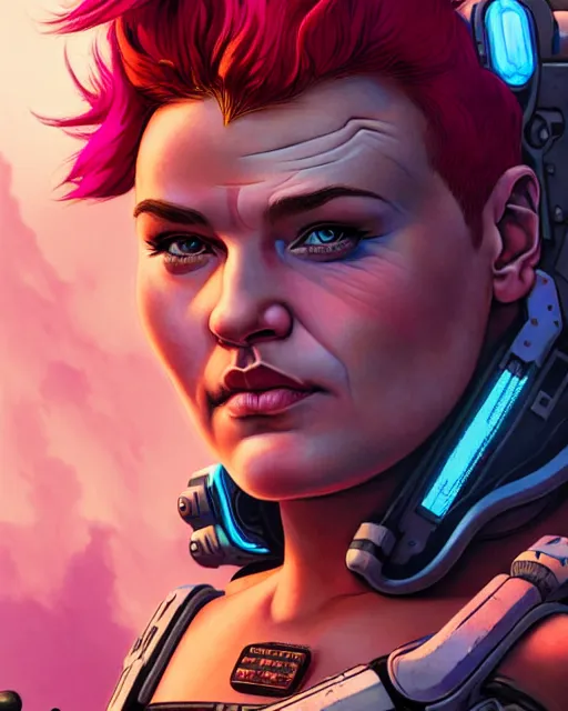 Image similar to zarya from overwatch, character portrait, portrait, close up, concept art, intricate details, highly detailed, vintage sci - fi poster, retro future, in the style of chris foss, rodger dean, moebius, michael whelan, and gustave dore