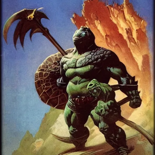 Image similar to anthropomorphic turtle hero by frank frazetta