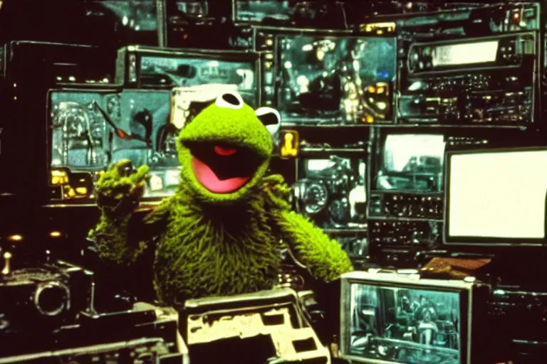 Image similar to muppet cyborg - pitbull, surrounded by screens, in 1 9 7 6, y 2 k cybercore, industrial low - light photography, still from a ridley scott movie