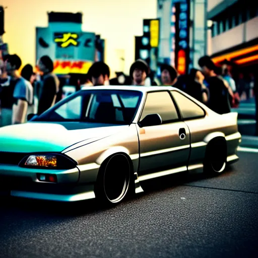 Image similar to a car Nissan Silvia at illegal car meet, Shibuya prefecture, city sunset, cinematic color, photorealistic, highly detailed, 200MM