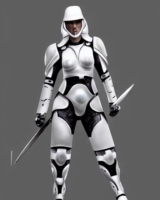Image similar to concept art of a thicc female futurstic warrior, wearing a futuristic white helmet, futurstic smooth slim fitted armor, sleek design, aerodynamic design, holding a large futurstic robotic bow | | epic - fine - clean, polished, trending on artstation, brush strokes