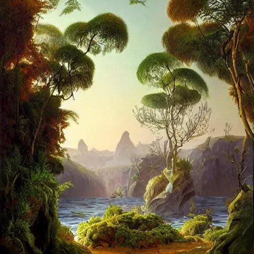 Image similar to detailed painting of a lush natural scene on an alien planet by marinus adrianus koekkoek. beautiful landscape. weird colourful vegetation. cliffs and water.