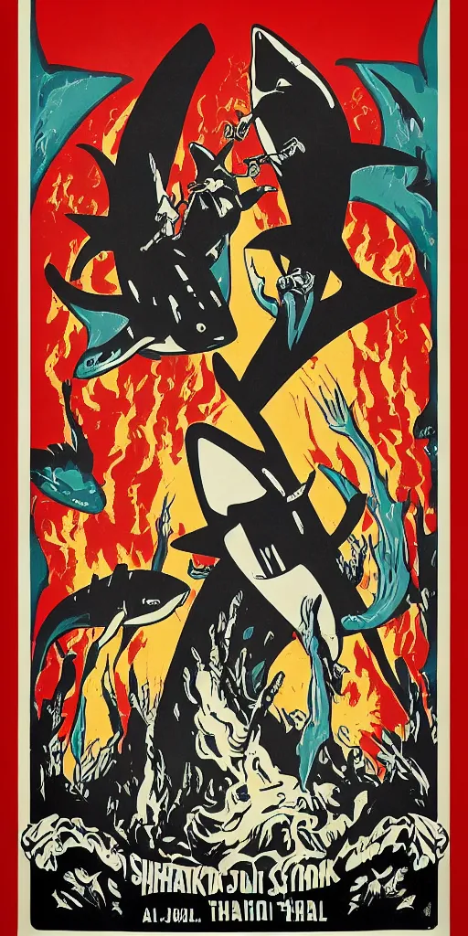 Image similar to propaganda poster for a shark rock star in hell, concert poster